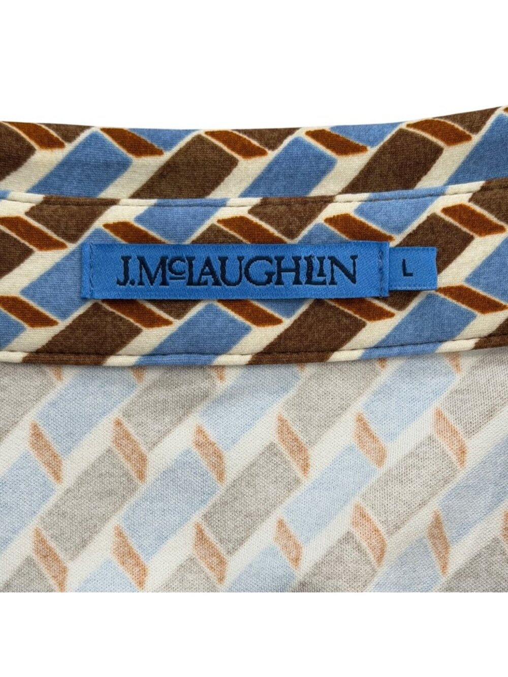J. McLaughlin Womens Size L Shirt Dress Belted Button-Up Geometric Blue Brown - Picture 4 of 8